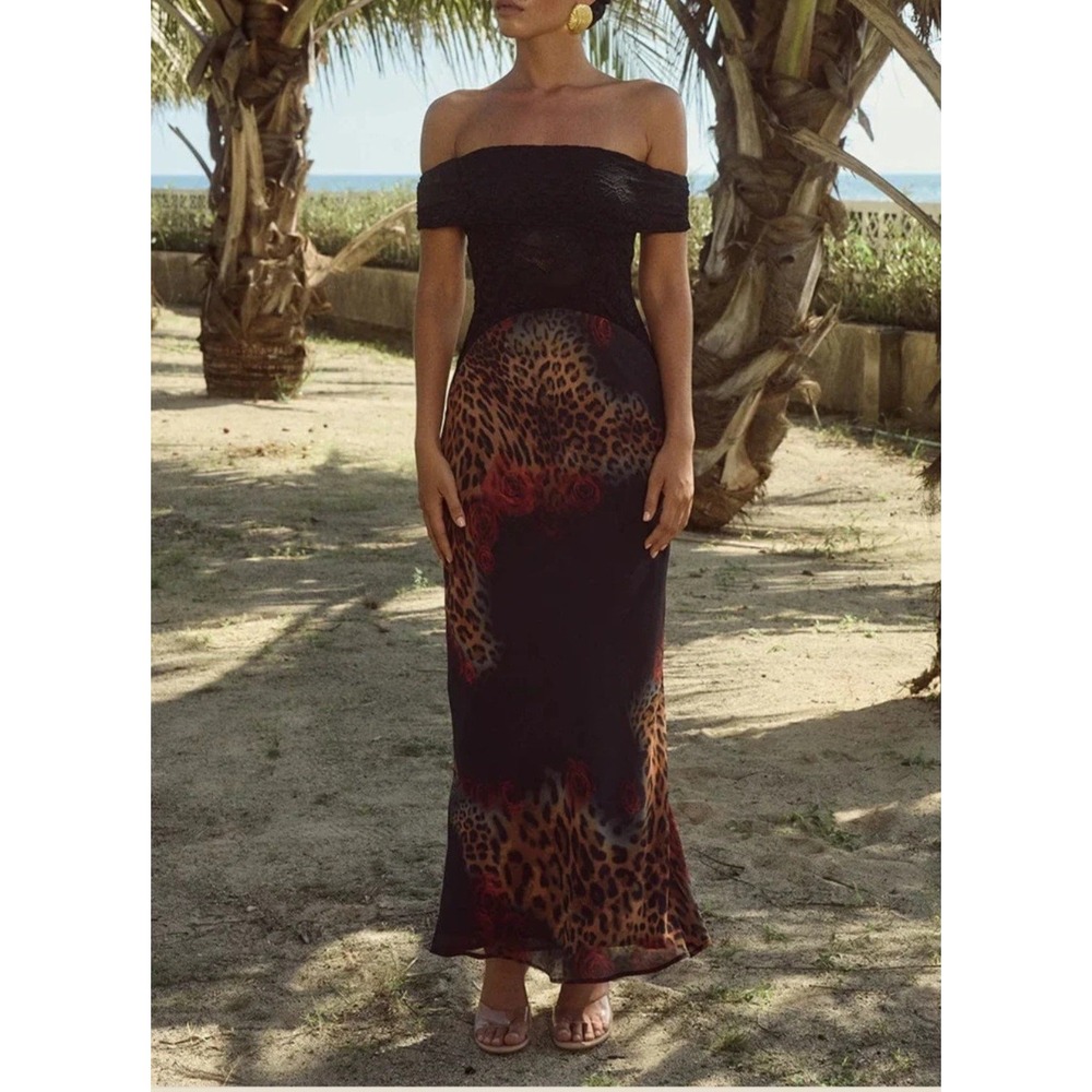 Runaway The Label Black Lace Leopard Rose Off Shoulder Maxi Dress XS
